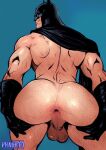  1boy absurdres anus artist_name ass bara batman batman_(series) blue_background cape covered_eyes dc_comics gloves hairy highres huge_ass looking_at_viewer looking_back male_focus manly mask mature_male muscular muscular_male phaustok signature simple_background smirk solo spread_ass spread_legs testicles thick_arms thick_thighs thighs 