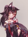  1girl animal_ear_fluff animal_ears black_hair breasts choker closed_mouth grey_eyes hair_between_eyes hair_ornament hairclip highres hololive koaen0024 long_hair looking_at_viewer medium_breasts multicolored_hair ookami_mio ookami_mio_(1st_costume) red_choker red_hair sailor_collar simple_background solo streaked_hair unfinished virtual_youtuber wolf_ears wolf_girl yellow_eyes 