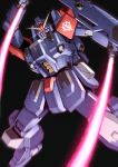  absurdres arm_shield beam_saber black_background blue_destiny_02 commentary dual_wielding eye_trail foot_out_of_frame glowing glowing_eyes gundam gundam_side_story:_the_blue_destiny highres holding holding_sword holding_weapon light_trail looking_at_viewer mecha mecha_focus mobile_suit motion_blur no_humans red_eyes robot science_fiction simple_background solo sword takahashi_masaki v-fin weapon zeon 