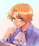  1boy ascot blonde_hair blue_eyes blue_shirt book collared_shirt holding holding_book looking_at_viewer magu_pink male_focus one_piece sabo_(one_piece) scar scar_on_face shirt short_hair simple_background solo twitter_username upper_body white_ascot 