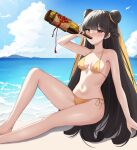  1girl absurdres beach bikini black_hair black_survival blue_sky breasts cloud day double_bun drinking eternal_return:_black_survival feet_out_of_frame hair_bun hair_ribbon highres horizon li_dailin multicolored_hair naze236 ocean outdoors ribbon side-tie_bikini_bottom sky small_breasts solo swimsuit two-tone_hair yellow_bikini yellow_eyes 