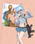  1girl absurdres animal_ears artist_name battle_rifle blue_hair blue_nails blue_sweater cat_ears cat_girl cat_tail cowboy_shot cropped_sweater english_commentary english_text fangs gun gun_sling h&amp;k_hk51 highres looking_at_viewer midriff off-shoulder_sweater off_shoulder one_eye_closed open_mouth original paw_pose pleated_skirt puto_trash red_eyes rifle round_eyewear sidelocks silhouette_target skirt sweater tail target teeth weapon 