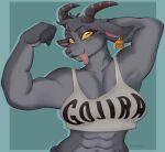 anthro bovid caprine clothing coffee_stain_studios crop_top ear_piercing ear_tag epic_games female flexing flexing_bicep fortnite goat goat_simulator grey_body hand_behind_head horn kirumeow mammal midriff multicolored_body muscular muscular_anthro muscular_female piercing pilgor_(goat_simulator) pupils shirt simple_background slit_pupils solo tank_top tongue tongue_out tongue_piercing topwear two_tone_body writing_on_clothes yellow_eyes
