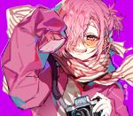  1boy blush camera hand_up holding holding_camera jibaku_shounen_hanako-kun long_sleeves looking_at_viewer mitsuba_sousuke open_mouth pink_eyes pink_hair purple_background sapphire_(nine) scarf simple_background smile solo striped_clothes striped_scarf white_scarf 