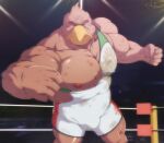 2023 accipitrid accipitriform angry_expression anthro avian biceps bird bruised bruised_arm bruised_chest bruised_face bulge eagle fight fighting_ring first_person_view fist funeral-paws hi_res looking_at_viewer male manly musclegut muscular nipples pecs solo triceps wrestling_singlet