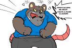 2024 angry anthro bottomwear clothing english_text grey_body hi_res male mammal murid murine pants rat rinhatsuyuki rodent shirt simple_background slightly_chubby smoking solo text topwear