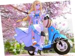  1girl alicia_florence andanden aria_(manga) aria_company_uniform blonde_hair blue_bow blue_bowtie blurry blurry_background border bow bowtie braid braided_ponytail cherry_blossoms closed_mouth day dress full_body gold_trim hair_between_eyes helmet highres long_hair looking_to_the_side motor_vehicle motorcycle_helmet on_vehicle outdoors photo_background purple_eyes sailor_collar scooter short_sleeves sidelocks sitting smile solo white_border white_dress white_footwear yamaha yamaha_vino 