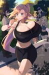  2boys 2girls bare_shoulders bike_shorts black_shorts black_sports_bra blonde_hair blue_eyes braid breasts cleavage colored_inner_hair highres huge_breasts jogging long_hair magister multicolored_hair multiple_boys multiple_girls original pandora_smith park pink_hair ponytail shiratama_liliana shorts side_braid small_breasts sports_bra swept_bangs thighs very_long_hair 