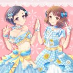  2girls artist_name bare_shoulders black_eyes black_hair blue_bow blue_shirt blue_skirt bow brown_eyes brown_hair checkered_clothes gloves hair_bow holding_hands idol_clothes idolmaster idolmaster_cinderella_girls index_finger_raised matsuo_chizuru midriff multiple_girls nagatomi_hasumi pink_background shirt short_hair skirt smile tokaimako white_gloves wrist_cuffs 