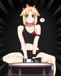  1girl absurdres bare_shoulders black_shorts black_tank_top blonde_hair bra breasts fate/grand_order fate_(series) green_eyes highres hyperbudd long_hair looking_at_viewer midriff mordred_(fate) mordred_(fate/apocrypha) navel parted_bangs ponytail red_bra shorts sidelocks sitting small_breasts solo tank_top underwear 