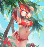  1girl ahoge aibon armpits bikini blue_eyes blue_sky breasts closed_mouth cloud commentary_request covered_nipples flower go-toubun_no_hanayome hair_ornament hair_tie large_breasts light_blush long_hair looking_at_viewer nakano_itsuki navel outdoors palm_tree ponytail red_bikini red_flower red_hair side-tie_bikini_bottom sky solo star_(symbol) star_hair_ornament swimsuit tree tying_hair 