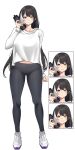  1girl absurdres alternate_costume black_hair black_pants bottle breasts expressions full_body girls&#039;_frontline heterochromia highres holding holding_bottle large_breasts long_hair midriff multicolored_hair navel pants pinepin red_eyes ro635_(girls&#039;_frontline) shirt shoes simple_background smile sneakers sportswear streaked_hair tight_clothes tight_pants white_background white_hair white_shirt yellow_eyes yoga_pants 