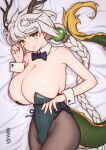  1girl absurdres asymmetrical_hair bare_shoulders braid braided_ponytail breasts cleavage dragon_girl dragon_horns highres horns kantai_collection leotard long_hair looking_at_viewer lying namaata on_bed on_side playboy_bunny single_braid smile unryuu_(kancolle) very_long_hair wavy_hair white_hair wrist_cuffs yellow_eyes 