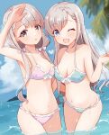  2girls ;d absurdres arm_up armpits bare_shoulders bikini blue_bikini blue_eyes blue_sky blurry blurry_background blush braid braided_bangs breasts brown_eyes cleavage cloud collarbone commentary_request cowboy_shot day dot_nose frilled_bikini frills front-tie_bikini_top front-tie_top grey_hair hair_ribbon highres hisakawa_hayate hisakawa_nagi idolmaster idolmaster_cinderella_girls idolmaster_cinderella_girls_starlight_stage island long_hair looking_at_viewer low_twintails medium_breasts mouchi_(mouchimochi) multiple_girls navel ocean one_eye_closed open_mouth outdoors palm_tree pink_bikini pink_ribbon print_bikini ribbon siblings sisters sky small_breasts smile standing star_(symbol) star_print swimsuit tree twins twintails very_long_hair wading 