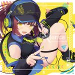  1girl :d asymmetrical_legwear baseball_cap black_footwear black_hat black_jacket black_shirt black_skirt black_socks black_thighhighs blue_nails breasts brown_hair collared_shirt commentary_request dress_shirt green_nails green_necktie hat headphones headphones_over_headwear highres jacket knees_together_feet_apart long_sleeves medium_breasts multicolored_nails nail_polish necktie off_shoulder open_clothes open_jacket original ponytail puffy_long_sleeves puffy_sleeves shirt shoes single_sock single_thighhigh skindentation skirt sleeveless sleeveless_shirt sleeves_past_wrists smile socks solo temari_rin thigh_strap thighhighs v yellow_background yellow_eyes 