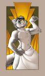 animal_humanoid anthro art_deco black_and_white covering covering_self digital_drawing_(artwork) digital_media_(artwork) eyewear facial_hair flexing flexing_bicep fluffy fluffy_tail glasses green_eyes head_hair head_tuft hi_res humanoid looking_at_viewer mammal mammal_humanoid monochrome mustelid mustelid_humanoid musteline musteline_humanoid navel nipples simple_background simple_coloring sketch smile smiling_at_viewer softailfox solo tail towel towel_around_waist true_musteline tuft weasel weasel_humanoid