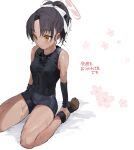  1girl arm_support bike_shorts black_hair blue_archive breasts dark_skin floral_background halo highres muscular muscular_female ponytail rickshaw_student_(blue_archive) simple_background sitting small_breasts sweat sweaty_clothes wariza yanyo_(ogino_atsuki) yellow_eyes 