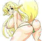  1girl animal_ears areola areolae ass bent_over blonde_hair breasts covering covering_breasts curvy female fox fox_ears fox_tail from_behind green_eyes huge_ass huge_breasts long_hair looking_back lute_(apocalypselibrary) lute_(artist) nipples panties partially_visible_vulva puffy_nipples pussy pussy_peek simple_background solo standing swimsuit tail thong topless underwear 