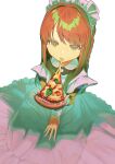  1girl arm_between_legs braid cheese_trail dress expressionless eyelashes food food_focus frilled_dress frilled_hairband frills from_above green_eyes hairband highres holding holding_food holding_pizza kagenoyuhi kneeling long_dress long_hair long_sleeves looking_at_viewer orange_hair original pizza pizza_slice solo white_background 