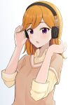  1girl blush brown_sweater collared_shirt commentary_request hands_up headphones looking_at_viewer love_live! love_live!_superstar!! open_mouth orange_hair purple_eyes shibuya_kanon shirt solo sweater swept_bangs tatsumi432 upper_body white_background 