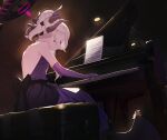  ahoge black_dog_(ckdfhd) black_hairband blue_archive closed_mouth dress earrings gloves hairband halo hina_(blue_archive) hina_(dress)_(blue_archive) horns indoors instrument jewelry light_smile music piano playing_instrument playing_piano ponytail purple_dress sitting smile white_hair wings 