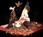  1girl arm_up asa_no_ha_(pattern) bird black_background black_socks breasts brown_coat chuntarou_(kimetsu_no_yaiba) coat full_body hair_spread_out haori japanese_clothes kamado_nezuko kimetsu_no_yaiba kimono leg_warmers legs_up long_sleeves looking_at_viewer lying on_back pink_eyes pink_kimono sapphire_(nine) simple_background small_breasts socks solo sparrow wide_sleeves 