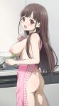  1girl absurdres apron ass blunt_bangs blurry blurry_background breasts brown_hair commentary_request highres holding holding_ladle idolmaster idolmaster_shiny_colors kitchen ladle large_breasts long_hair looking_at_viewer naked_apron nipples open_mouth pink_apron red_eyes revision sideboob sincos solo sonoda_chiyoko standing 