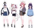  4girls 82jhin :p absurdres aru_(blue_archive) bare_legs between_breasts black_cardigan black_choker black_hair blue_archive blue_sweater blush breasts cardigan casual choker demon_horns denim denim_shorts full_body grey_hair hair_between_eyes halo hand_in_pocket hand_on_own_hip haruka_(blue_archive) high_heels highres horns jacket jacket_on_shoulders kayoko_(blue_archive) long_sleeves looking_at_viewer miniskirt multiple_girls mutsuki_(blue_archive) open_collar pink_hair problem_solver_68_(blue_archive) purple_hair revision shirt shoes short_shorts shorts simple_background skirt sleeves_past_fingers sleeves_past_wrists smile sneakers strap_between_breasts sweater tongue tongue_out white_background white_shirt 