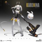  1girl 1other absurdres animal_ears artist_name asymmetrical_bangs black_bodysuit black_thighhighs bodysuit character_name copyright_name divo233 fake_animal_ears grey_hair headgear highres holding holding_weapon huge_weapon karenina:_scire_(punishing:_gray_raven) karenina_(punishing:_gray_raven) logo long_hair mechanical_arms navel pouch punishing:_gray_raven rabbit rabbit_ears sidelocks tachi-e thigh_pouch thighhighs twintails two-handed two-tone_bodysuit war_hammer weapon white_bodysuit 