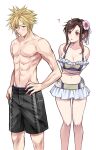  1boy 1girl ? abs bikini bikini_skirt blue_eyes blush brown_eyes cloud_strife cloud_strife_(wild_surf) embarrassed final_fantasy final_fantasy_vii final_fantasy_vii_rebirth final_fantasy_vii_remake flower frilled_bikini frilled_bikini_top frills hair_flower hair_ornament hands_on_own_hips highres leaning_forward looking_at_another male_swimwear microskirt muscular muscular_male official_alternate_costume official_alternate_hairstyle quichi_91 skirt swim_trunks swimsuit thong_bikini tifa_lockhart tifa_lockhart_(shining_spirit) topless_male white_bikini 