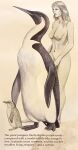 ambiguous_gender avian avian_feet beak bird breasts covering covering_crotch covering_self extinct fairy_penguin feathers female feral flippers geoffrey_cox_(artist) group hair hi_res human long_hair mammal navel nipples nude pachydyptes penguin size_difference standing strategically_covered trio