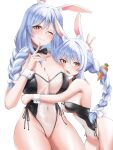  2girls absurdres animal_ears black_leotard blue_hair blush bow braid braided_ponytail breasts carrot_hair_ornament cleavage collar detached_collar food-themed_hair_ornament hair_bow hair_ornament highres hololive hug jozahar large_breasts leotard long_hair looking_at_viewer mature_female medium_breasts mother_and_daughter multicolored_hair multiple_girls one_eye_closed pekomama playboy_bunny rabbit_ears rabbit_girl rabbit_tail red_eyes short_eyebrows streaked_hair tail twin_braids usada_pekora virtual_youtuber white_background white_bow white_collar white_hair white_wrist_cuffs wrist_cuffs 