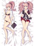  1girl :d barefoot bear_hair_ornament bed_sheet black_bra black_panties bra breasts cameltoe clothes_lift collarbone dakimakura_(medium) danganronpa:_trigger_happy_havoc danganronpa_(series) enoshima_junko full_body groin hair_ornament long_hair looking_at_viewer lying miniskirt moeanime multiple_views navel on_back open_clothes open_shirt panties pen shirt skirt skirt_lift smile underwear white_shirt 