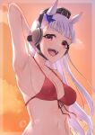  1girl absurdres alternate_costume animal_ears arm_up armpits bikini bow breasts brown_hat commentary_request ear_bow front-tie_bikini_top front-tie_top gold_ship_(umamusume) grey_hair highres horse_ears horse_girl long_hair looking_at_viewer medium_breasts navel open_mouth outdoors pillbox_hat purple_bow red_eyes smile solo swimsuit teeth umamusume upper_body upper_teeth_only very_long_hair yu_sakae 