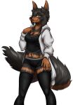 5_fingers amoriian_dawn anthro belly black_body black_bottomwear black_clothing black_ears black_fur black_hair black_leggings black_legwear black_nails black_nose black_shirt black_shorts black_tail black_topwear bottomwear breasts brown_body brown_fur brown_inner_ear brown_tail canid canine canis clothing colored_nails dobermann domestic_dog ear_tuft female fingers fur fur_markings green_eyes hair hand_on_breast hand_on_leg hotpants leggings legwear lucy_dorum mammal markings midriff nails navel pinscher shirt shorts smile smirk smirking_at_another solo tail topwear tuft typhoonxvii white_clothing white_sweatshirt