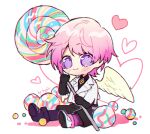  1boy black_gloves black_pants blush candy closed_mouth feathered_wings food forever_7th_capital gloves holding holding_candy holding_food holding_lollipop lollipop looking_at_viewer pants pink_hair purple_eyes sapphire_(nine) simple_background sitting smile solo white_background white_wings wings 