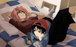  1boy 1girl age_difference aishadadagova blue_hoodie cellphone flcl green_eyes haruhara_haruko head_on_pillow highres hood hoodie nandaba_naota on_bed phone pink_hair short_hair size_difference smile 
