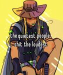  1boy absurdres artist_name blonde_hair closed_eyes commentary cowboy_hat english_commentary english_text facial_hair goggles goggles_on_headwear green_lips gyro_zeppeli hat highres holster huyandere jojo_no_kimyou_na_bouken long_hair male_focus profanity shirt signature sitting solo sparkling_aura steel_ball_run t-shirt 