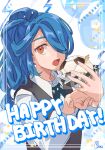  1boy ball black_vest blue_hair brown_eyes cupcake food gami_ww hair_over_one_eye happy_birthday highres holding holding_food imminent_bite inazuma_eleven_(series) kazemaru_ichirouta long_sleeves male_focus open_mouth ponytail ribbon shirt signature soccer_ball solo vest white_shirt 