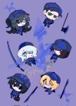 3boys 3girls axe bag black_eyes black_hair blonde_hair blue_background blue_eyes dagger don_quixote_(project_moon) electricleaf faust_(project_moon) green_eyes heterochromia highres holding holding_bag hong_lu_(project_moon) knife limbus_company looking_at_viewer medium_hair meursault_(project_moon) multiple_boys multiple_girls ootachi open_mouth project_moon red_eyes ryoshu_(project_moon) short_hair smile sparkling_eyes sword weapon white_hair yellow_eyes yi_sang_(project_moon) 