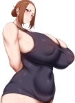  1girl absurdres arind_yudha arms_behind_back bare_shoulders blush breasts brown_hair covered_navel covered_nipples female_pubic_hair highres huge_breasts inverted_nipples kaii_to_otome_to_kamigakushi long_hair mole mole_under_eye ogawa_sumireko parted_lips pubic_hair simple_background smile solo 