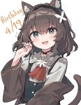  1girl :d animal_ear_fluff animal_ears ascot birthday black_dress black_hairband blue_eyes blush brown_hair brown_jacket cat_ears cat_girl cat_tail collared_shirt dated dot_nose dress hair_between_eyes hairband hand_up highres jacket kurioshi_fio long_sleeves looking_at_viewer medium_hair off_shoulder open_clothes open_jacket open_mouth original pinafore_dress red_ascot satou_(3366_s) shirt sidelocks simple_background sleeveless sleeveless_dress smile solo tail upper_body white_background white_shirt 