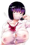  1girl bow bowtie breasts bursting_breasts buttons collarbone collared_shirt covered_nipples large_breasts looking_at_viewer loose_bowtie mask mouth_mask nipples no_bra original purple_hair red_bow red_bowtie sanpaku see-through shirt short_sleeves simple_background solo surgical_mask undersized_clothes upper_body white_background white_shirt zero_no_mono 