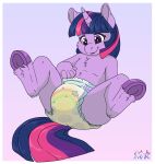 ageplay anthro anthrofied bodily_fluids chest_tuft clothed clothing diaper diaper_only equid equine female flat_chested friendship_is_magic genital_fluids hasbro hi_res hooves horn infantilism legs_up looking_at_diaper lying mammal my_little_pony mythological_creature mythological_equine mythology on_back pattern_diaper purple_eyes rainbow_diaper roleplay solo spread_legs spreading stargal_galexi tail topless touching_diaper tuft twilight_sparkle_(mlp) unicorn urine wet_diaper wetting