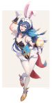  1girl absurdres animal_ears artist_name blue_eyes blue_hair blush breasts choker collarbone commentary_request egg elbow_gloves fake_animal_ears fake_tail fire_emblem fire_emblem_awakening fire_emblem_heroes full_body gloves gold_trim gonzarez grey_background hair_ornament highleg highleg_leotard highres holding leg_up leotard long_hair looking_at_viewer lucina_(fire_emblem) lucina_(spring)_(fire_emblem) pantyhose polka_dot puffy_sleeves rabbit_ears rabbit_pose rabbit_tail see-through shiny_clothes short_sleeves simple_background skin_tight small_breasts smile solo tail white_pantyhose 
