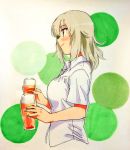  1girl alcohol bangs beer blue_eyes casual closed_mouth commentary cropped_torso cup dress_shirt drinking_glass eyebrows_visible_through_hair fanta_(the_banana_pistols) from_side froth girls_und_panzer highres holding holding_cup itsumi_erika light_blush long_hair scan shirt short_sleeves silver_hair smile solo standing white_shirt 