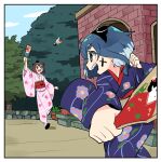  2girls alternate_costume arm_up black_hairband blue_eyes blue_hair blue_kimono blue_sky blush border brick brown_hair building clip_studio_paint_(medium) colored_tips commentary_request day facepaint floral_print_kimono foreshortening hagoita hairband hane_(hanetsuki) hanetsuki holding holding_paddle japanese_clothes kantai_collection kimono long_sleeves multicolored_hair multiple_girls obi obiage obijime open_mouth outdoors paddle pink_kimono playing_games sash short_hair sky smile speaking_tube_headset thick_eyebrows tokitsukaze_(kancolle) tonmoh tree white_border wide_sleeves yukikaze_(kancolle) 