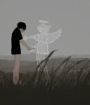  2boys angel barefoot black_hair black_shirt bottomless day facing_down field from_side full_body grass halo hand_on_own_face highres holding_hands looking_at_another medium_hair multiple_boys original outdoors outstretched_arm overcast profile reaching shirt short_sleeves shorts silhouette sky tall_grass uzmaki_tamago wings 