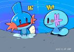  animal_focus artist_name blue_skin closed_mouth colored_skin commentary_request dated english_text fins head_fins highres mudkip no_humans open_mouth pokemon pokemon_(creature) ripples saba_hokke smile tail water wet wooper 