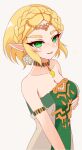 2023 ayatori blonde_hair braided_hair breasts clothed clothing digital_media_(artwork) ear_piercing ear_ring elf female glistening glistening_body green_clothing green_eyes hair hand_on_breast hi_res humanoid humanoid_pointy_ears hylian jewelry necklace nintendo open_mouth piercing ring_piercing simple_background smug solo the_legend_of_zelda white_background